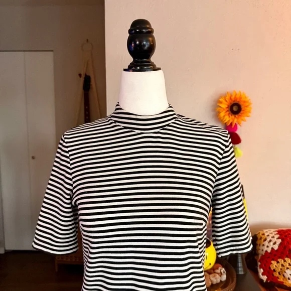 Striped Black and White Dress with Mock Neck Collar - Picture 3 of 9
